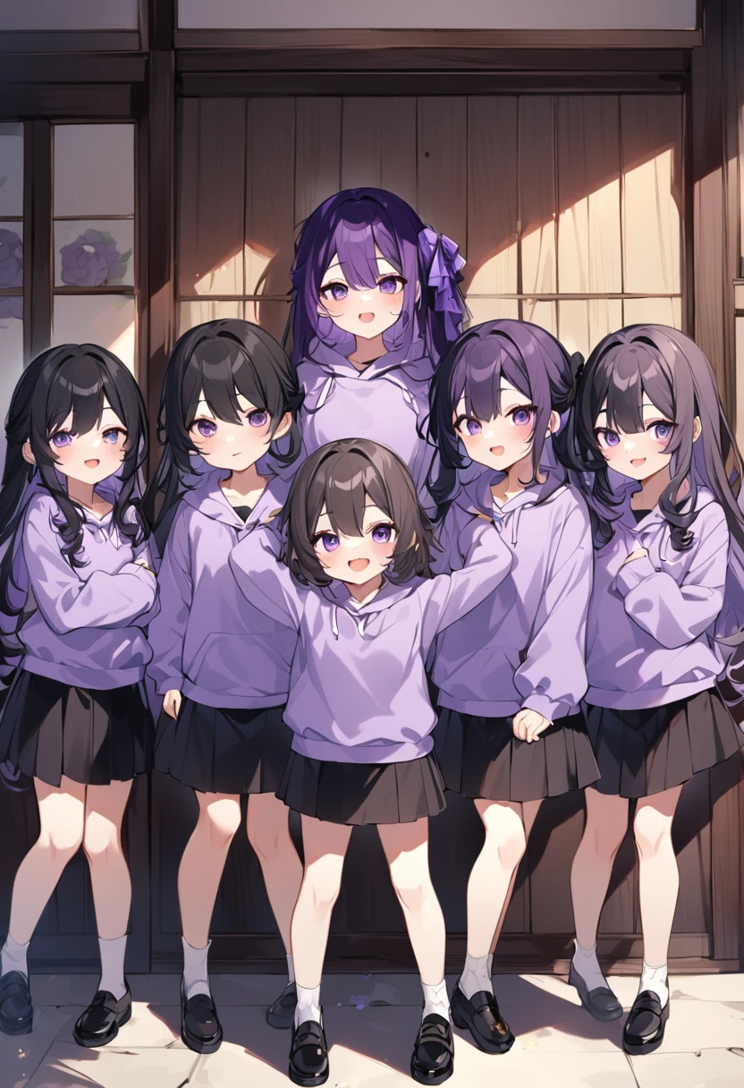 Keito。Purple hoodie。Black Skirt。Purple Eyes。Black Hair。Black shoes下。Black shoes。6 sistery eldest daughter has lavender hair.。all female。Sextuplets