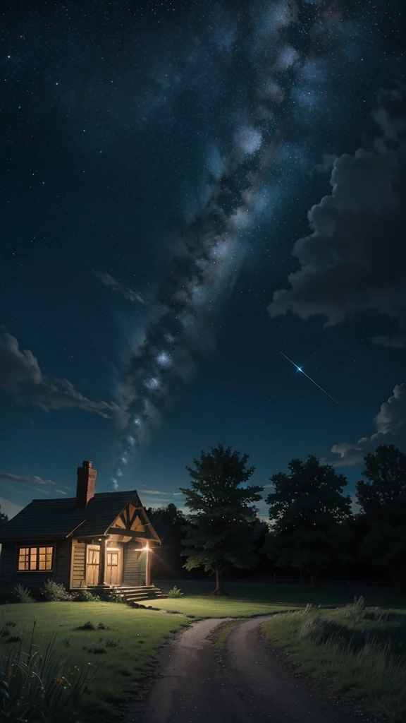 fake_screenshot, sky, outdoors, tree, english_text, star_(sky), no_humans, cloud, grass, scenery, pokemon_(creature), building, night, starry_sky