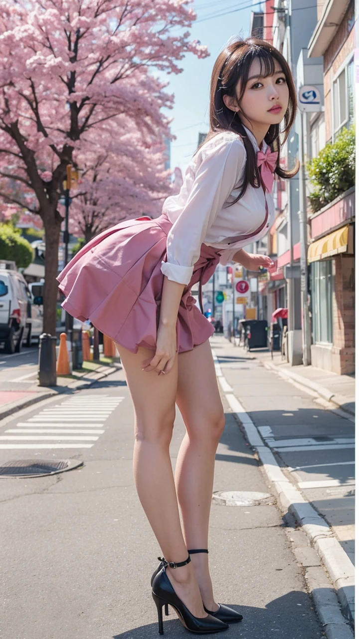 Beautiful Japanese Waifu, early 30s, brunette hair, pink bow tie, white blouse, pink mini skirtc black high heels