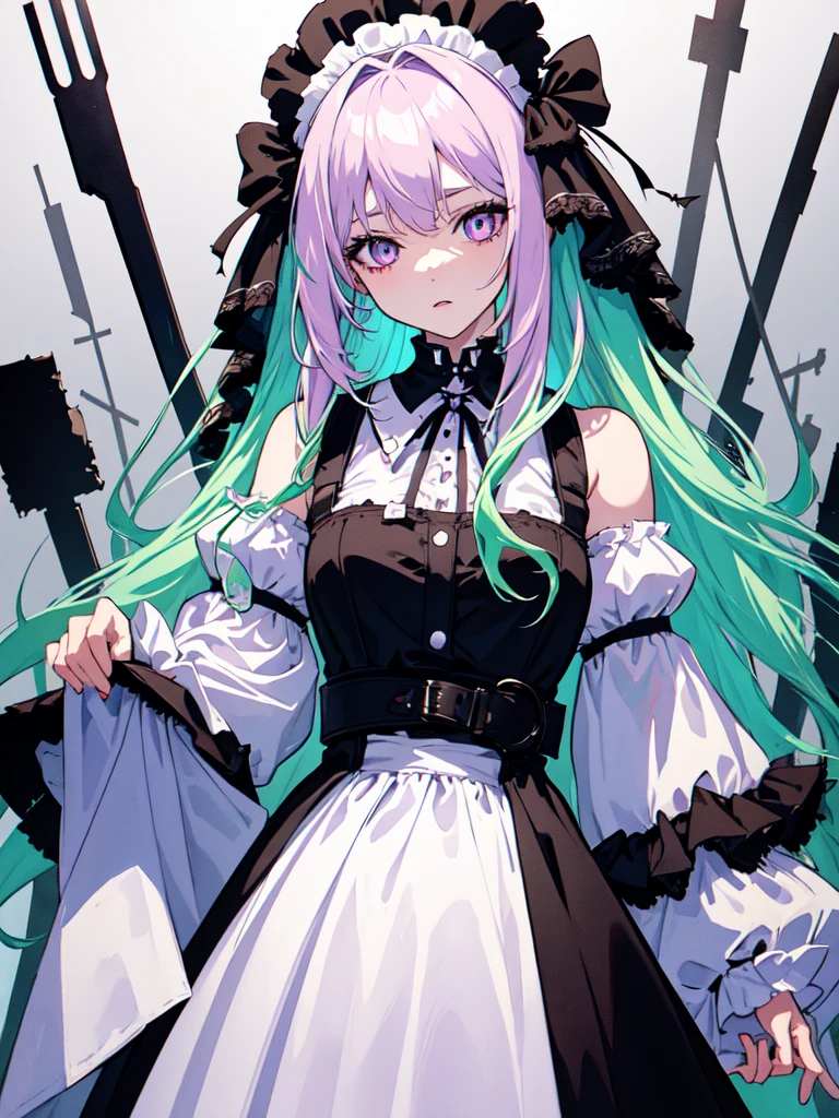 maid, Evil Eye, A bad looking person with white eyes, whole body絵, She is wearing a maid uniform and the background is a dark and desolate landscape., Horror movie atmosphere. Her figure is extremely beautiful, Emphasizing the dark and crazy elements. Skillfully expressing the effects of light and shadow, detailed, The face and expression of the black costume are also carefully drawn..., Artistic elements add depth to the work. The overall atmosphere is creepy and nightmarish..., With a unique artistic touch. This movie is、The dark and crazy world of horror movies depicted in HD., Evoke visual stimuli and aesthetic sense, It will terrify and excite the audience....,sketch (Character design sheet, same characters, whole body, Three-View, front, ~ ~ ~ side, return) and watercolor画, （Gradient braided hair, Light pink hair, (Ink blotches:1.1), (pale:1.2),(Light purple:1.2),(Light green:1.2)　and a mature face,tall, Wearing black tights,Green Eyes, The skin is hidden　and 1 female, Nervous,Cowboy Shot,,(Very bright:1.1), White Background, [1 Girl:7], (Tilt your head:1.2), ([sketch|watercolor \(Moderate\)]:1.15),Chaotic Abstract Background, Vector Trace, Gradient Blending, Bright colors, that&#39;wonderful, 非常にdetailed, Complex, (Very low contrast:1.4)