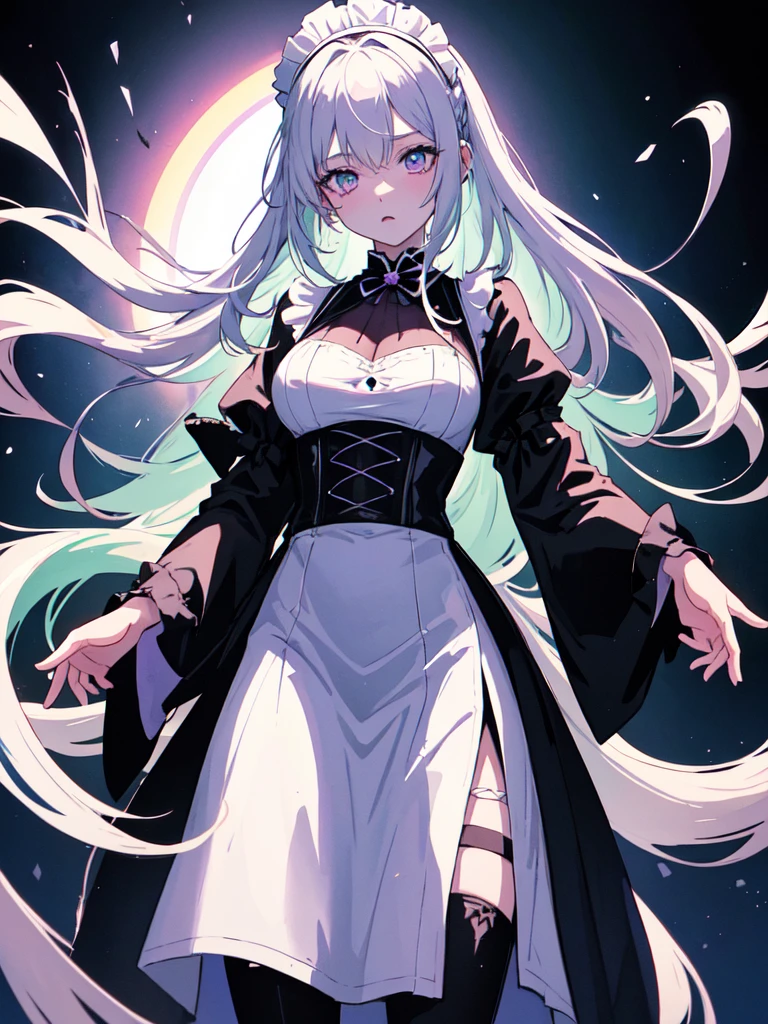 maid, Evil Eye, A bad looking person with white eyes, whole body絵, She is wearing a maid uniform and the background is a dark and desolate landscape., Horror movie atmosphere. Her figure is extremely beautiful, Emphasizing the dark and crazy elements. Skillfully expressing the effects of light and shadow, detailed, The face and expression of the black costume are also carefully drawn..., Artistic elements add depth to the work. The overall atmosphere is creepy and nightmarish..., With a unique artistic touch. This movie is、The dark and crazy world of horror movies depicted in HD., Evoke visual stimuli and aesthetic sense, It will terrify and excite the audience....,sketch (Character design sheet, same characters, whole body, Three-View, front, ~ ~ ~ side, return) and watercolor画, （Gradient braided hair, Light pink hair, (Ink blotches:1.1), (pale:1.2),(Light purple:1.2),(Light green:1.2)　and a mature face,tall, Wearing black tights,Green Eyes, The skin is hidden　and 1 female, Nervous,Cowboy Shot,,(Very bright:1.1), White Background, [1 Girl:7], (Tilt your head:1.2), ([sketch|watercolor \(Moderate\)]:1.15),Chaotic Abstract Background, Vector Trace, Gradient Blending, Bright colors, that&#39;wonderful, 非常にdetailed, Complex, (Very low contrast:1.4)