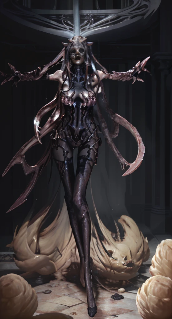 il y a une femme avec un grand corps et une grosse tête debout sur une plate-forme, déesse surnaturelle, demon soul art conceptuel, créature humanoïde féminine, corps entier cgsociety, sanglant + art conceptuel, Alexandra Fomina ArtStation, Gagnant du concours Artstation, Diablo 4 Lilith, style de Peter Mohrbacher, déesse sombre à six bras