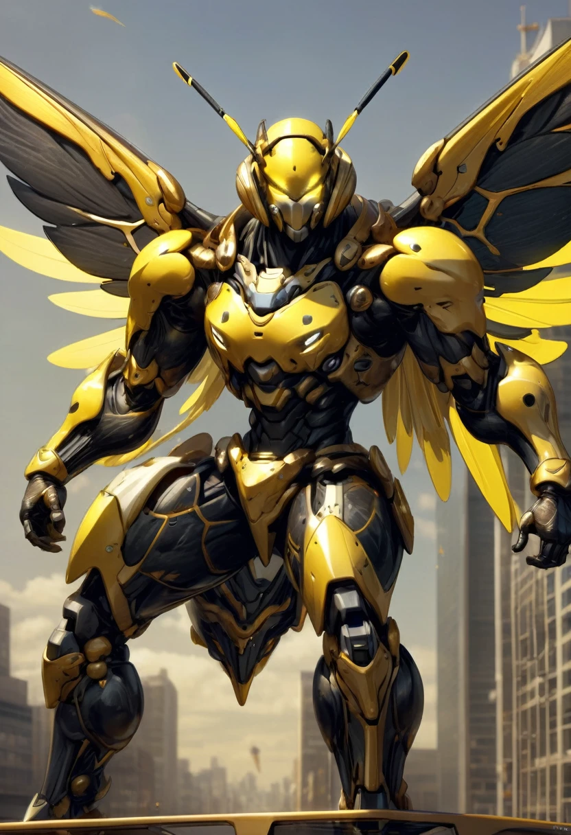 ((absurdres)) perfect whole body, ultra photorealistic, top quality, Photorealistic, ((16k UHD)) High Definition, high-res, ultra sharp, masterpiece, the best quality, intricate details, detailed eyes, perfect face detailed face, (((in a capital city town))) orange goggles, masterpiece, highly detailed exquisite character art, perfectly detailed anatomy, detailed body, detailed pecs, hyper pecs, thick thighs, (((sunny weather))) (((natural lights))), ultra-realistic, (((1male))) ((tall muscular man male humanoid)), bald, humanoid yellow skin, bee anatomy, deity, god of honey bees, humanoid black & yellow skin tone, yellow hue, powerful humanoid appearance, compound eyes, stinger, abdomen, metallic scales, scales. Metallic armour, wings, elf ears, glossy skin, large smirking face, flying in the sky, mandibles, Antenna, honey, ((male muscular stripe black & yellow humanoid insect honey bee)) (((yellow skin))), (((black skin))) oily skin, 