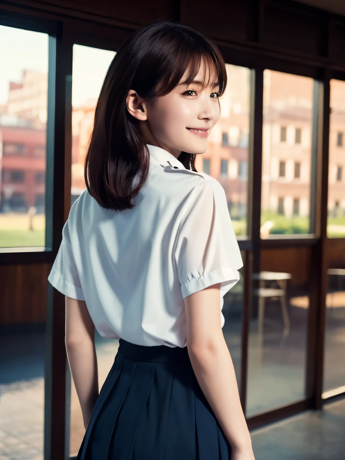 Top quality, 1 beautiful woman, wearing Camisole & skirt, shy-smile, Sunlight, ((masterpiece, Highest quality, High resolution)), (look back:1.3), 1 girl, (Realistic: 1.4), Great face, 15 years old, Medium Hair, (Beautiful Hair:1.5), Sailor suit, The background is a school building, Angle from the back, Smooth, Highly detailed CG composite 8K wallpaper, High resolutionのRAWカラー写真, Professional photography, Light, BackLight, dream-like, impressive, Written boundary depth