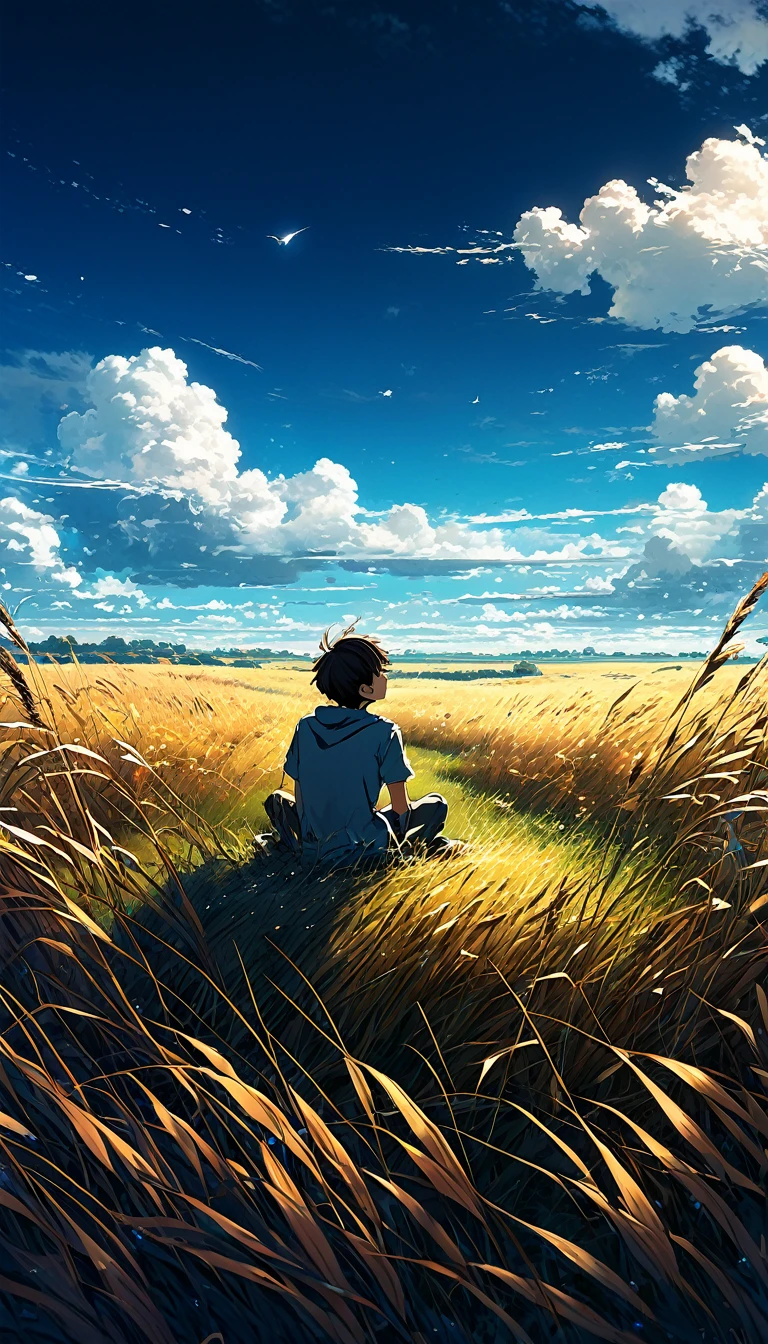 a boy sitting in an autumn meadow, seeing a vast blue sky with dark blue clouds, tall grasses, cloudy sky, makoto shinkai cyril rolando, anime art wallpaper 4k, anime art wallpaper 4k, animated background, anime art wallpaper 8K, animated background art, Anime Landscape Wallpaper, amazing wallpaper, HD wallpaper, 4k anime wallpaper, 4k anime wallpaper, Aries Moross art,art by Bob Byerley , AshleyWoodArtAI, greg rutkowski