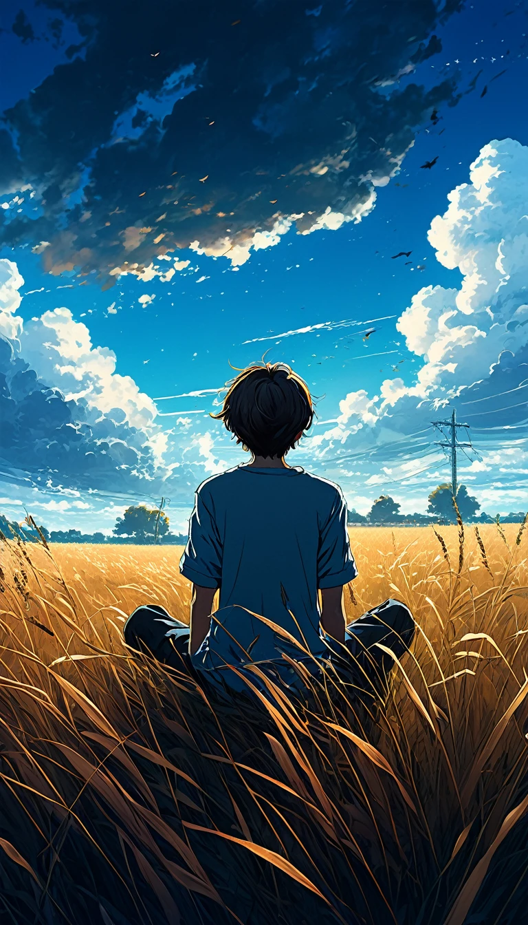 a boy sitting in an autumn meadow, seeing a vast blue sky with dark blue clouds, tall grasses, cloudy sky, makoto shinkai cyril rolando, anime art wallpaper 4k, anime art wallpaper 4k, animated background, anime art wallpaper 8K, animated background art, Anime Landscape Wallpaper, amazing wallpaper, HD wallpaper, 4k anime wallpaper, 4k anime wallpaper, Aries Moross art,art by Bob Byerley , AshleyWoodArtAI, greg rutkowski