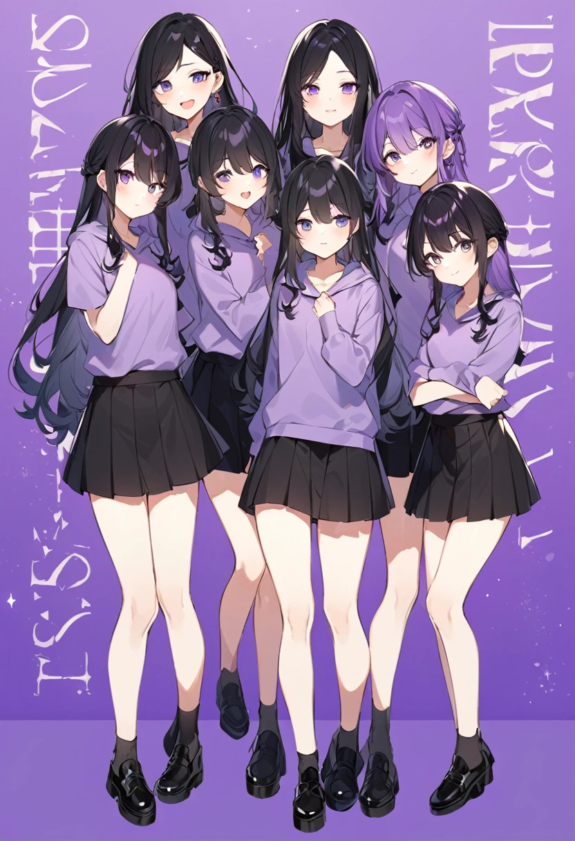 Keito。Purple hoodie。Black Skirt。Purple Eyes。Black Hair。Black shoes下。Black shoes。6 sistery eldest daughter has lavender hair.。all female。Sextuplets