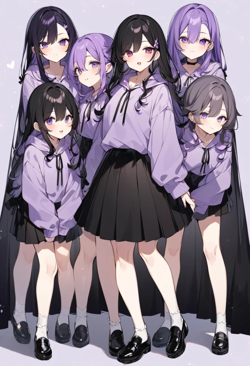 Keito。Purple hoodie。Black Skirt。Purple Eyes。Black Hair。Black shoes下。Black shoes。6 sistery eldest daughter has lavender hair.。all female。Sextuplets