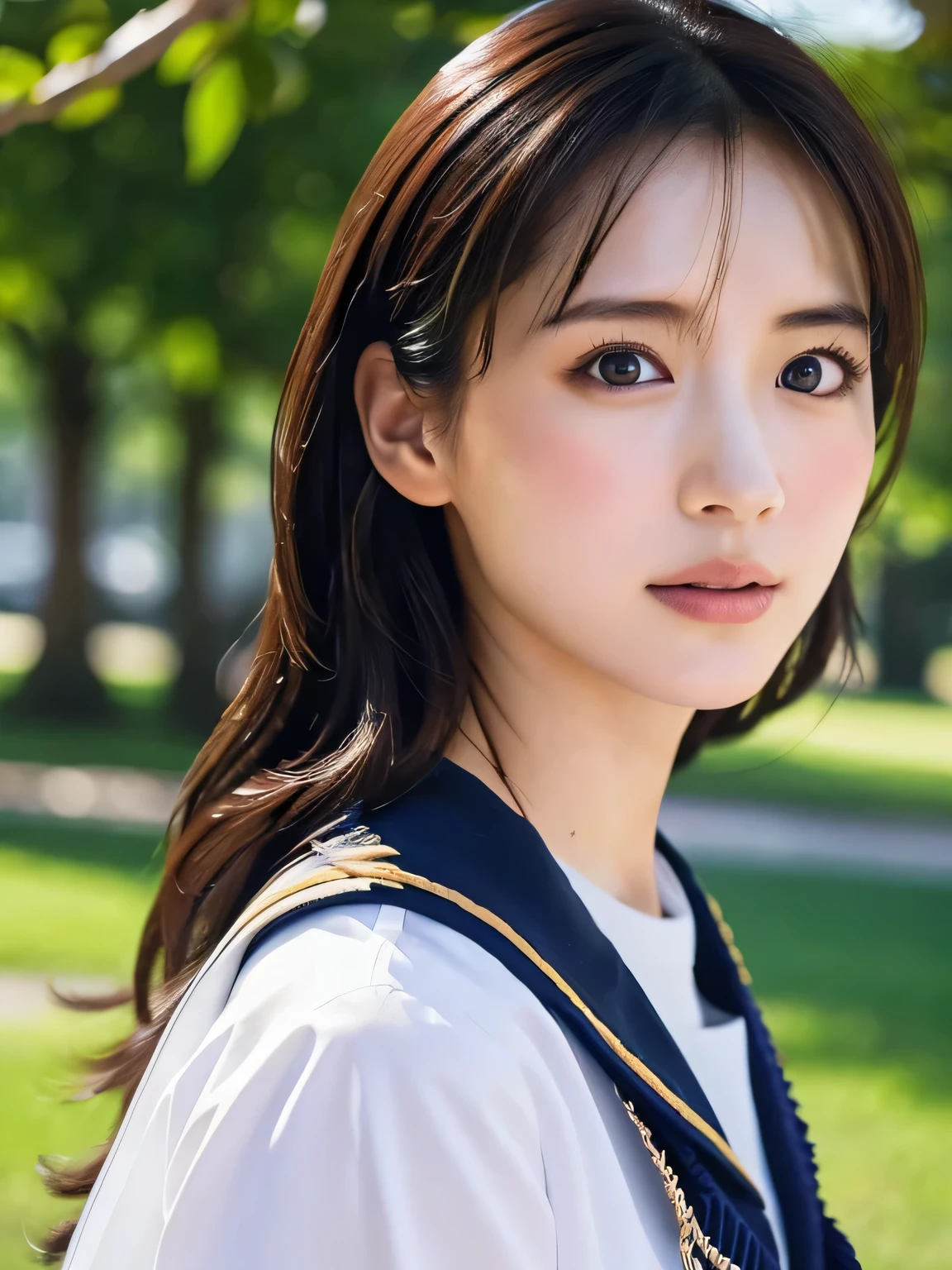 Top quality, 1 beautiful woman, Sunlight, ((masterpiece, Highest quality, High resolution)), (look back:1.3), 1 girl, (Realistic: 1.4), Great face, 15 years old, Medium Hair, (Beautiful Hair:1.5), Sailor suit, The background is a school building, Side angle, (Close-up of face:1.3), Smooth, Highly detailed CG composite 8K wallpaper, High resolution RAW color photos, Professional photography, Light, BackLight, dream-like, impressive, Written boundary depth
