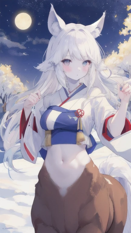 (best quality, masterpiece), 1 girl, centaur, It takes, White skin, Japanese , exposing the abdomen,belly button t-shirt, beautiful girl perfect wolf photo, perfect wolf photo