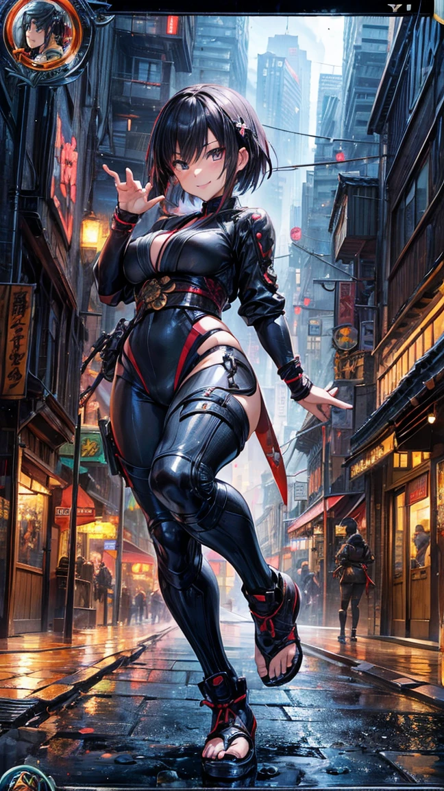 (1 mature female ninja,Age 35), ((Pub,guild)),(smile),Dynamic pose,Dynamic Angle,Pose for a photo,From below,Elderly woman、Trading Card Game Frames、Highest Rare、Five Fingers、Signature mark、Big Butt、Black Hair、Fighting Pose、Ninja costume、Full Body Suit、kunai、Japanese style cyberpunk、A ninja running through a modern city、Short Hair