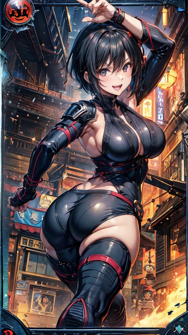 (1 mature female ninja,Age 35), ((Pub,guild)),(smile),Dynamic pose,Dynamic Angle,Pose for a photo,From below,Elderly woman、Trading Card Game Frames、Highest Rare、Five Fingers、Signature mark、Big Butt、Black Hair、Fighting Pose、Ninja costume、Full Body Suit、kunai、Japanese style cyberpunk、A ninja running through a modern city、Short Hair