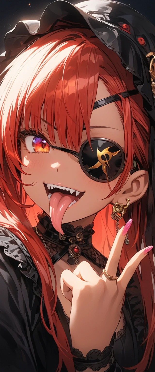 female\((cute,eye patch\(very cute, gothic fashion,\):1.3),age of 20,(side view:0.3),skin\(tan,,smooth,silky,shiny\),eyes\( left eye blue, right eye yellow, beautiful,many star-shaped highlights\),wearing makeup,(evil smile:1.3),open mouth,sharp teeth,long tongue,hair\(short red hair,detailed,shiny\),costume\(pink (frilled) dress\),eye corners\(pink:1.3\),(narrow eyes),very cute pose,(breast:1.3),open cleavage, cute hand sign,many accessories\), BREAK ,background\(harajyuku\(tokyo,japan\),at night,cute,fancy,dark\), BREAK ,quality\(8k,wallpaper of extremely detailed CG unit, masterpiece,hight resolution,top-quality,top-quality real texture skin,hyper realisitic,increase the resolution,RAW photos,best qualtiy,highly detailed,the wallpaper,cinematic lighting,ray trace,golden ratio\),(dynamic angle),(close up of face:1.8),looking down at viewer,from below,better hands