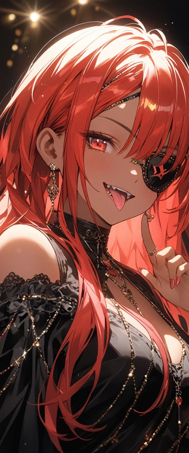 female\((cute,eye patch\(very cute, gothic fashion,\):1.3),age of 20,(side view:0.3),skin\(tan,,smooth,silky,shiny\),eyes\( left eye blue, right eye yellow, beautiful,many star-shaped highlights\),wearing makeup,(evil smile:1.3),open mouth,sharp teeth,long tongue,hair\(short red hair,detailed,shiny\),costume\(pink (frilled) dress\),eye corners\(pink:1.3\),(narrow eyes),very cute pose,(breast:1.3),open cleavage, cute hand sign,many accessories\), BREAK ,background\(harajyuku\(tokyo,japan\),at night,cute,fancy,dark\), BREAK ,quality\(8k,wallpaper of extremely detailed CG unit, masterpiece,hight resolution,top-quality,top-quality real texture skin,hyper realisitic,increase the resolution,RAW photos,best qualtiy,highly detailed,the wallpaper,cinematic lighting,ray trace,golden ratio\),(dynamic angle),(close up of face:1.8),looking down at viewer,from below,better hands