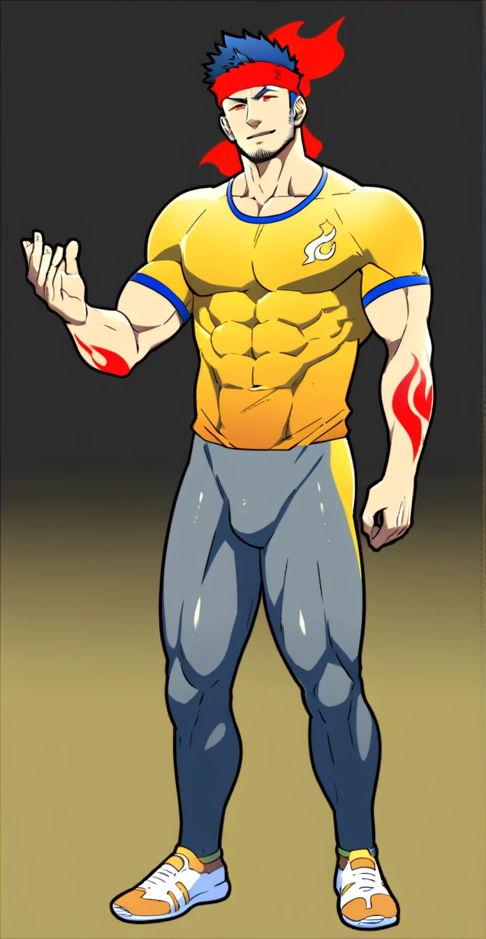 anime characters：Gyee, priapus, tall, 1 young muscular man, male focus, Flame tattoo, sports Red headband, Dark yellow spandex tight T-shirt, Black and grey leggings, Thick thighs, Very tight, Slightly transparent, muscular male, muscular, In Ling&#39;s bedroom, Sit on a soft sofa, Round, firm and full chest muscles, only, whole body, alone, Black short hair, Thick eyebrows, stubble, Yellow eyes, Big feet wearing sneakers, White background, simple background, amazing quality, best aesthetics, Ridiculous, bright pupils, crew cut, naughty face, torogao, parted lips, halo, god rays, best quality