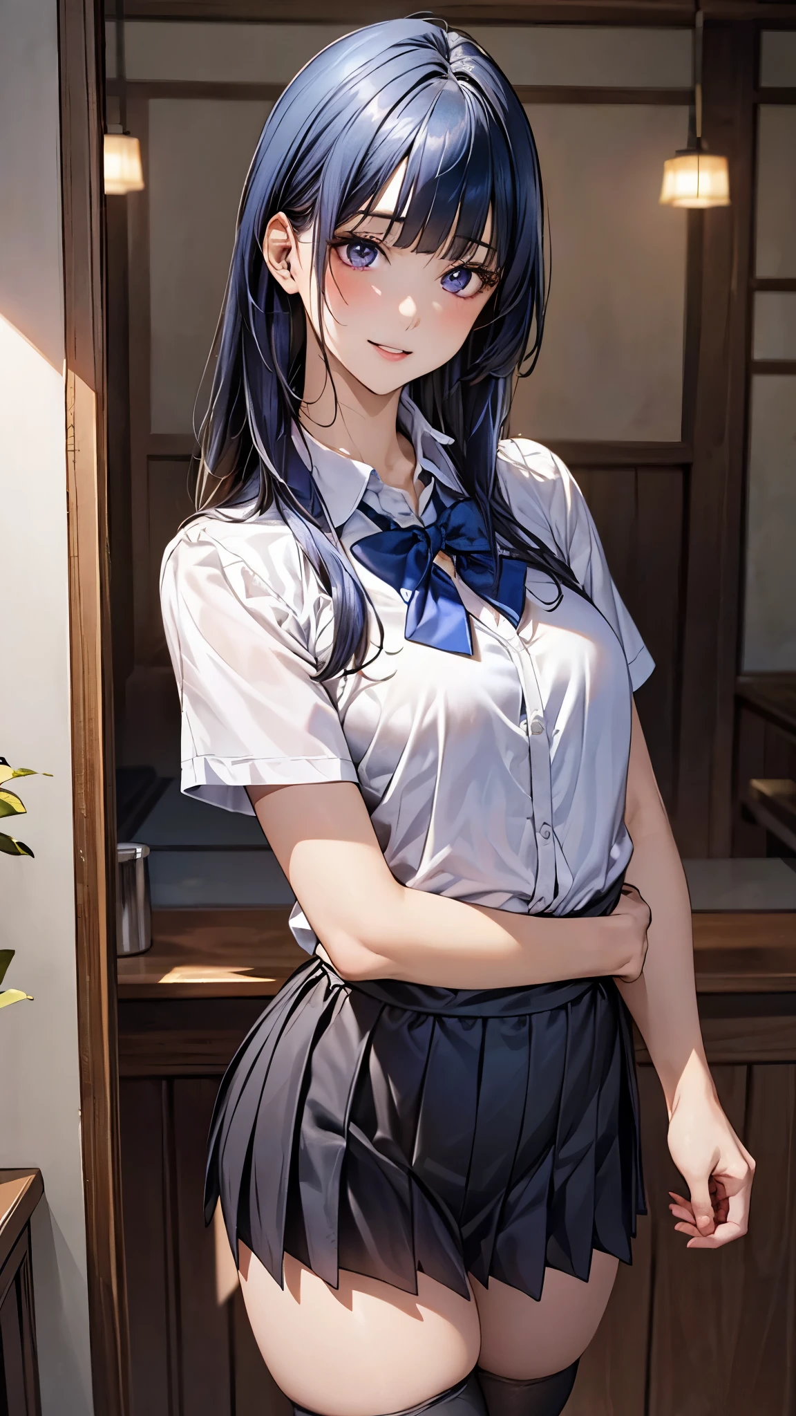 (masterpiece:1.2, top-quality), (realistic, photorealistic:1.4), beautiful illustration, (natural side lighting, movie lighting), nsfw,
looking at viewer, 1 girl, japanese, high school girl, perfect face, cute and symmetrical face, shiny skin,
(long hair:1.4, hime style, hime cut, navy blue hair), blunt bangs, purple eyes, big eyes, long eye lasher, (medium breasts, seductive thighs), slender,
beautiful detailed hair, beautiful detailed face, beautiful detailed eyes, beautiful clavicle, beautiful body, beautiful chest, beautiful thigh, beautiful legs, beautiful fingers,
(short sleeve white collared shirt, gray pleated miniskirt, blue bow tie, black thigh-highs),
(beautiful scenery), evening, (dining room:1.2), standing, (lovely smile, upper eyes, parted lips),