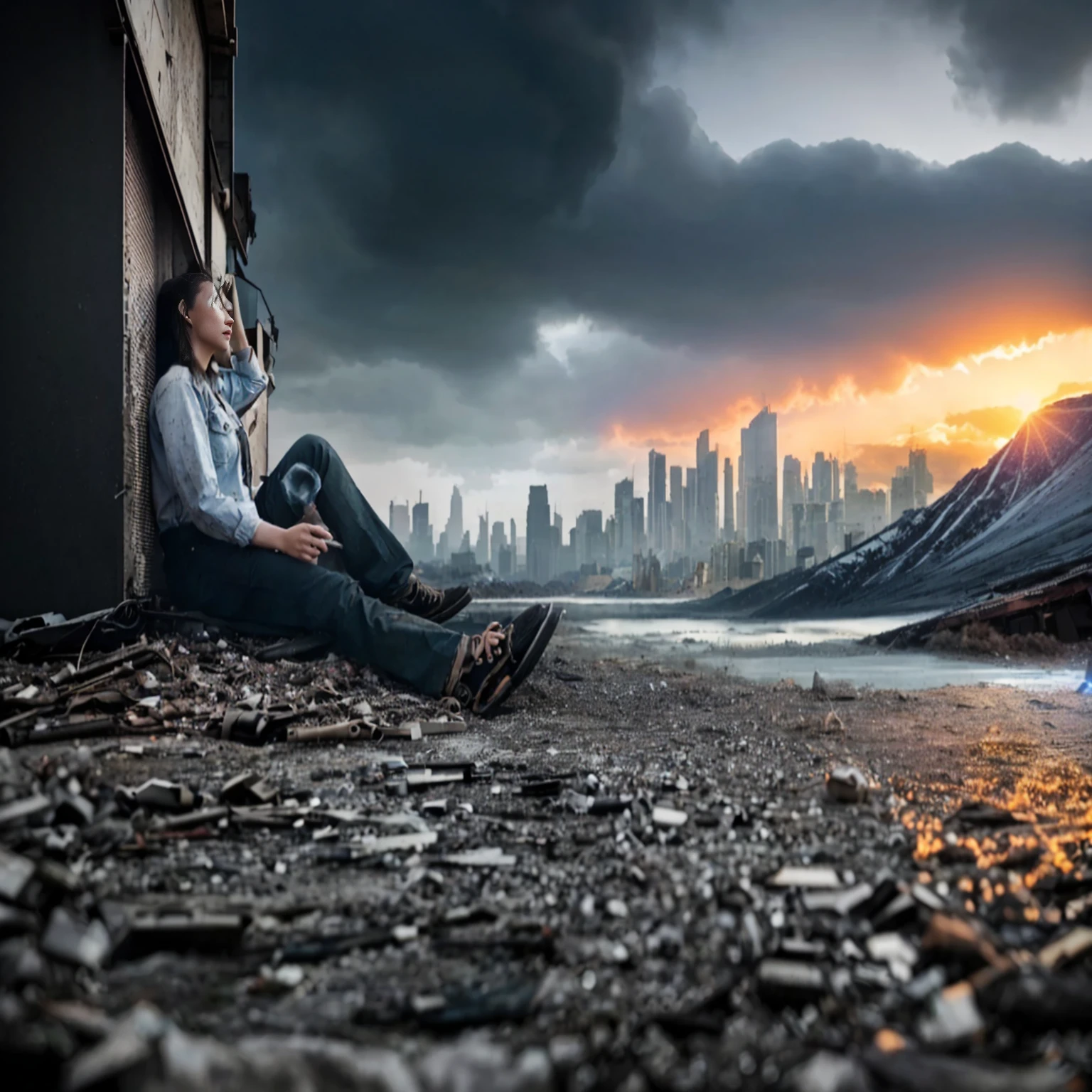 a woman sitting on the ground in front of a city, photo - manipulation, post apocalyptic view, creative photo manipulation, in a post apocalyptic setting, dystopin future, in a post-apocalyptic wasteland, surreal photography, 