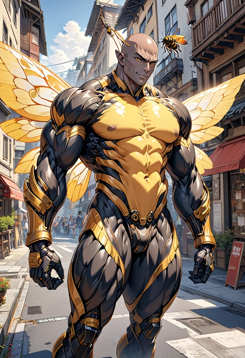 ((absurdres)) perfect whole body, ultra photorealistic, top quality, Photorealistic, ((16k UHD)) High Definition, high-res, ultra sharp, masterpiece, the best quality, intricate details, detailed eyes, perfect face detailed face, (((in a capital city town))) orange goggles, masterpiece, highly detailed exquisite character art, perfectly detailed anatomy, detailed body, detailed pecs, hyper pecs, thick thighs, (((sunny weather))) (((natural lights))), ultra-realistic, (((1male))) ((tall muscular man male humanoid)), bald, humanoid yellow skin, bee anatomy, deity, god of honey bees, humanoid black & yellow skin tone, yellow hue, powerful humanoid appearance, compound eyes, stinger, abdomen, metallic scales, scales. Metallic armour, wings, elf ears, glossy skin, large smirking face, flying in the sky, mandibles, Antenna, honey, ((male muscular stripe black & yellow humanoid insect honey bee)) (((yellow skin))), (((black skin))) oily skin,