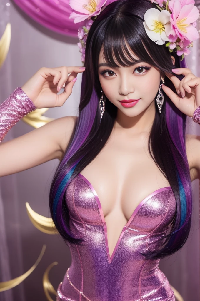 sexy Thai model who controls poison、beautiful smile、lip-gloss、bold lipstick、long lashes、eyeliner、vivid eye-shadow、look at the camera、full body Esbian、、sparkling poisoned flower costume、、、、sparkling Colorful hair、secrete poison、skull hair accessories、sexy tights、shiny sparkling flowers background