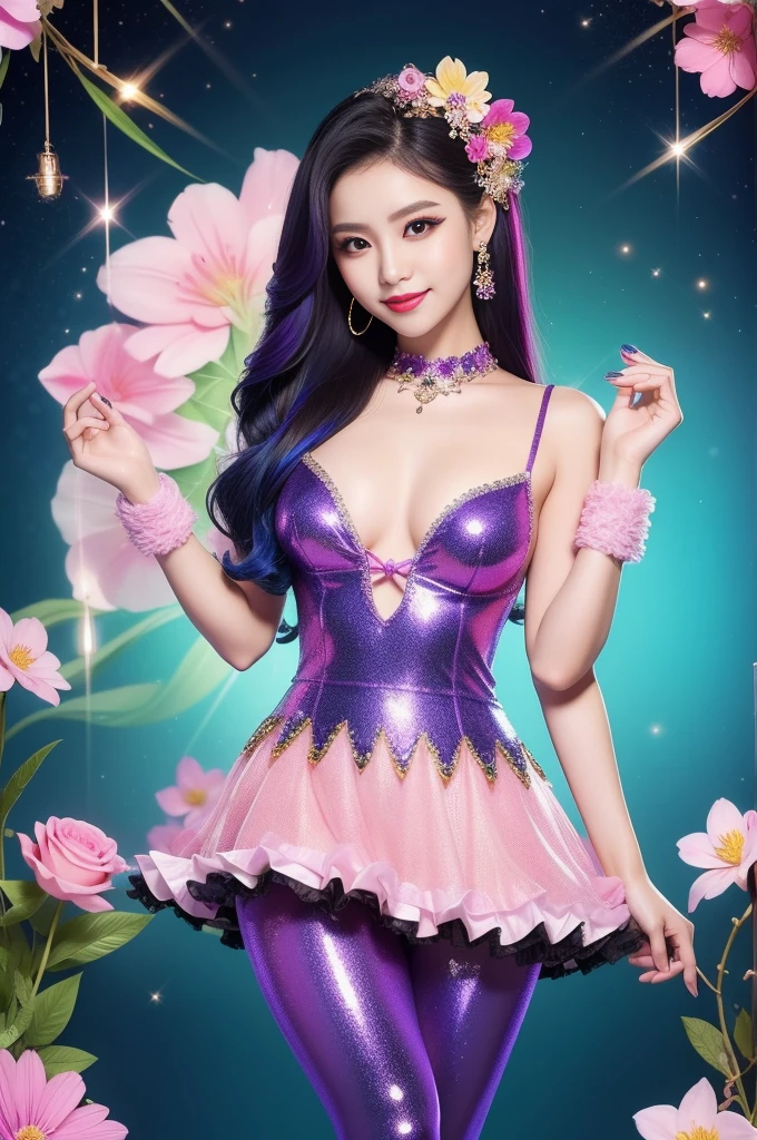 sexy Thai model who controls poison、beautiful smile、lip-gloss、bold lipstick、long lashes、eyeliner、vivid eye-shadow、look at the camera、full body Esbian、、sparkling poisoned flower costume、、、、sparkling Colorful hair、secrete poison、skull hair accessories、sexy tights、shiny sparkling flowers background