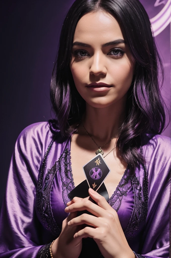 Generate an Instagram reel video of tarot cards with purple background and magical filter
