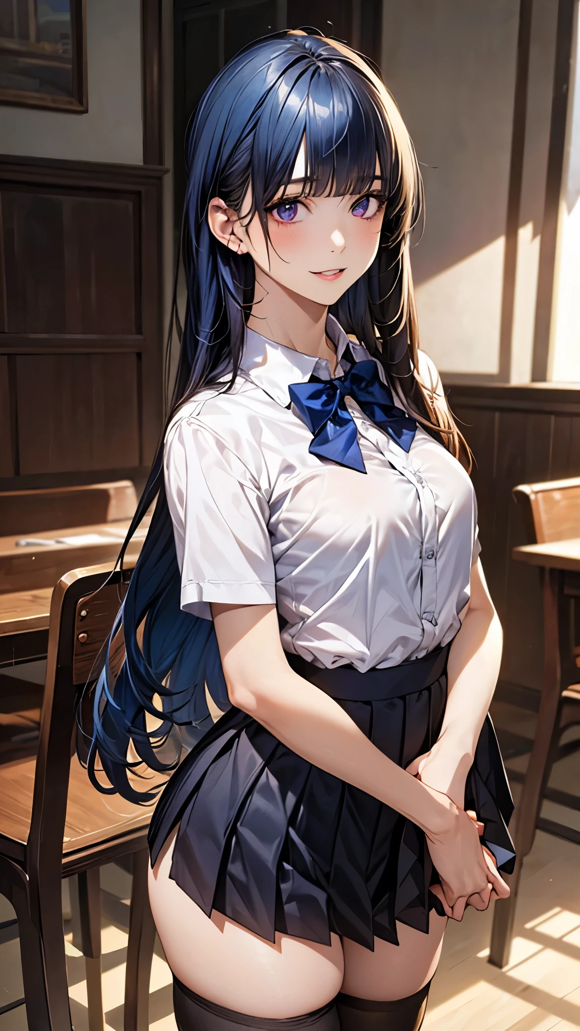(masterpiece:1.2, top-quality), (realistic, photorealistic:1.4), beautiful illustration, (natural side lighting, movie lighting), nsfw, 
looking at viewer, 1 girl, japanese, high school girl, perfect face, cute and symmetrical face, shiny skin, 
(long hair:1.4, hime style, hime cut, navy blue hair), blunt bangs, purple eyes, big eyes, long eye lasher, (medium breasts, seductive thighs), slender, 
beautiful detailed hair, beautiful detailed face, beautiful detailed eyes, beautiful clavicle, beautiful body, beautiful chest, beautiful thigh, beautiful legs, beautiful fingers, 
(short sleeve white collared shirt, gray pleated miniskirt, blue bow tie, black thigh-highs), 
(beautiful scenery), evening, (dining room:1.2), standing, (lovely smile, upper eyes, parted lips),