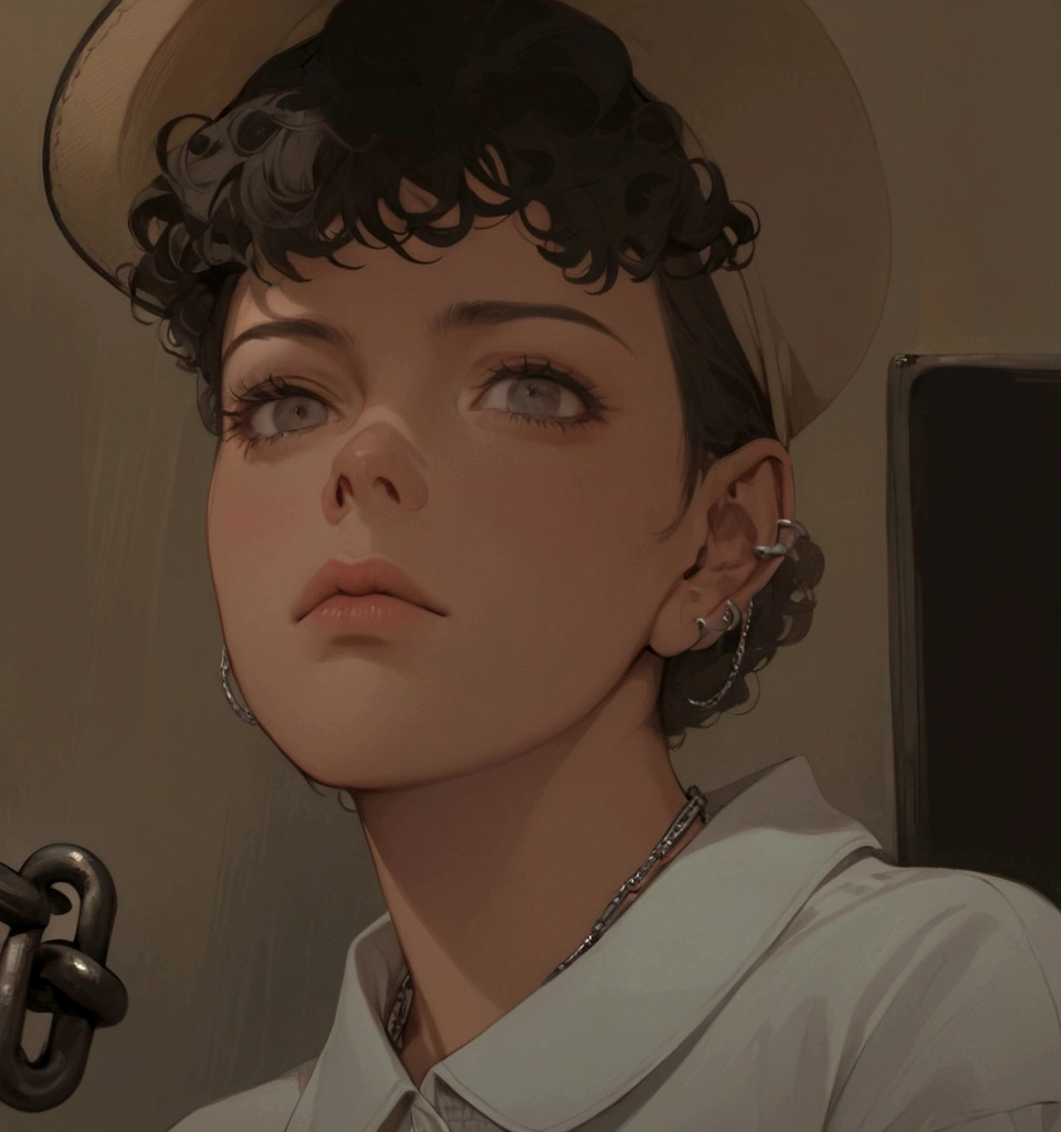 there is a woman with a hat on her head, short curly hair, piercing, chain and polo shirt