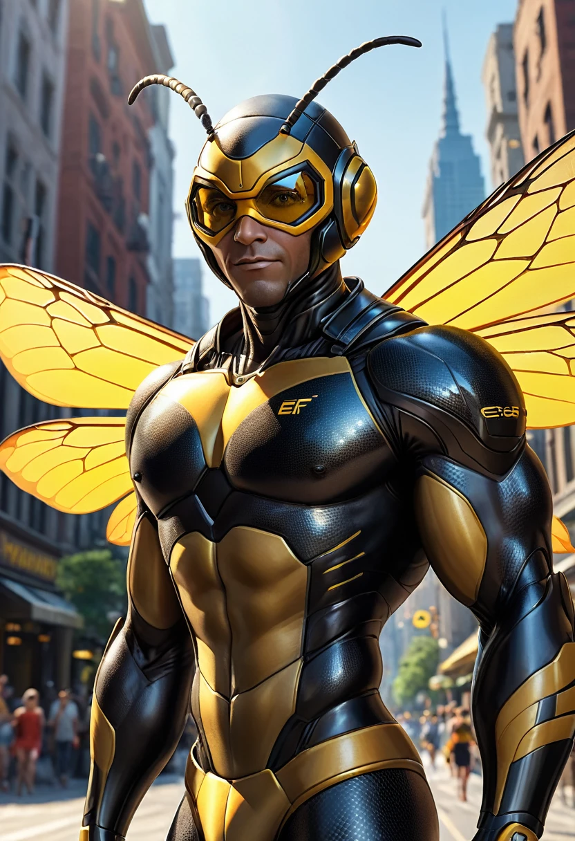 ((absurdres)) perfect whole body, ultra photorealistic, top quality, Photorealistic, ((16k UHD)) High Definition, high-res, ultra sharp, masterpiece, the best quality, intricate details, detailed eyes, perfect face detailed face, (((in a capital city town))) orange goggles, masterpiece, highly detailed exquisite character art, perfectly detailed anatomy, detailed body, detailed pecs, hyper pecs, thick thighs, (((sunny weather))) (((natural lights))), ultra-realistic, (((1male))) ((tall muscular man male humanoid)), bald, humanoid yellow skin, bee anatomy, deity, god of honey bees, humanoid black & yellow skin tone, yellow hue, powerful humanoid appearance, compound eyes, stinger, abdomen, metallic scales, scales. Metallic armour, wings, elf ears, glossy skin, large smirking face, flying in the sky, mandibles, Antenna, honey, ((male muscular stripe black & yellow humanoid insect honey bee)) (((yellow skin))), (((black skin))) oily skin, 