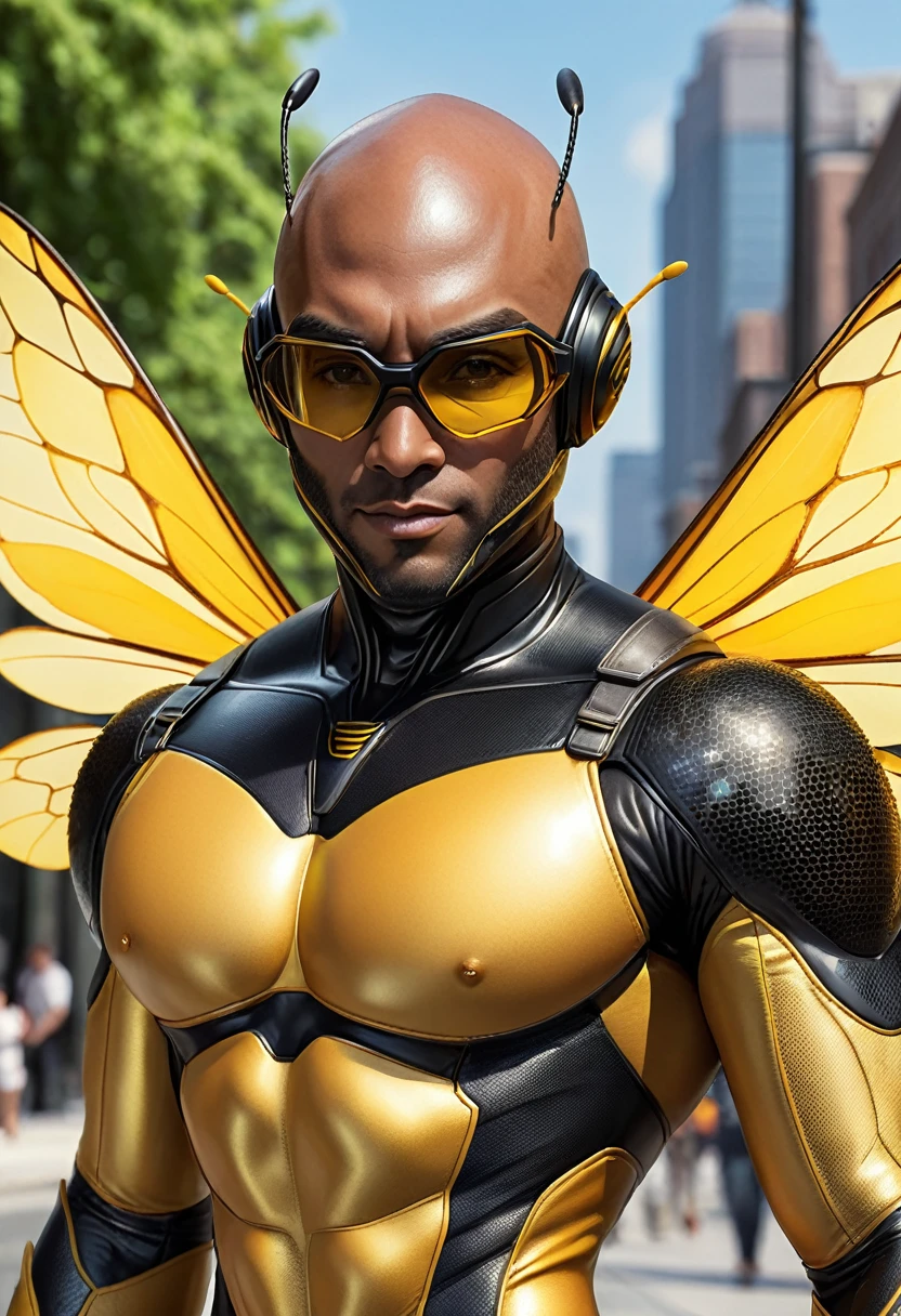 ((absurdres)) perfect whole body, ultra photorealistic, top quality, Photorealistic, ((16k UHD)) High Definition, high-res, ultra sharp, masterpiece, the best quality, intricate details, detailed eyes, perfect face detailed face, (((in a capital city town))) orange goggles, masterpiece, highly detailed exquisite character art, perfectly detailed anatomy, detailed body, detailed pecs, hyper pecs, thick thighs, (((sunny weather))) (((natural lights))), ultra-realistic, (((1male))) ((tall muscular man male humanoid)), bald, humanoid yellow skin, bee anatomy, deity, god of honey bees, humanoid black & yellow skin tone, yellow hue, powerful humanoid appearance, compound eyes, stinger, abdomen, metallic scales, scales. Metallic armour, wings, elf ears, glossy skin, large smirking face, flying in the sky, mandibles, Antenna, honey, ((male muscular stripe black & yellow humanoid insect honey bee)) (((yellow skin))), (((black skin))) oily skin,