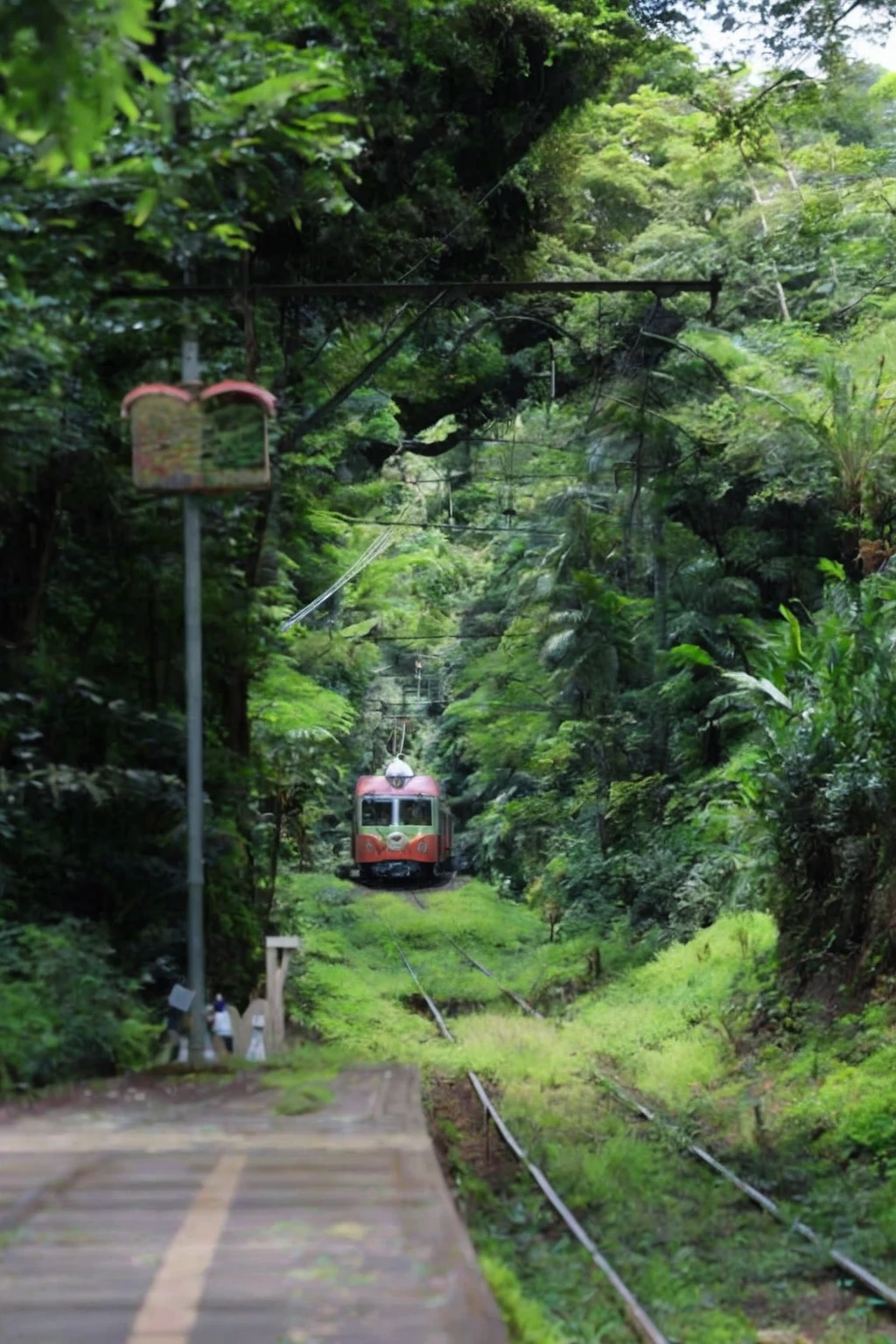 There is a train running on the tracks in the forest, On the jungle forest train track, With lots of plants, Surrounding the city, trams ) ) ), From the distance, Fertile surroundings, Very realistic, Very realistic, trams, around the city, Kamakura scene, tram, painting!!, In Karuizawa