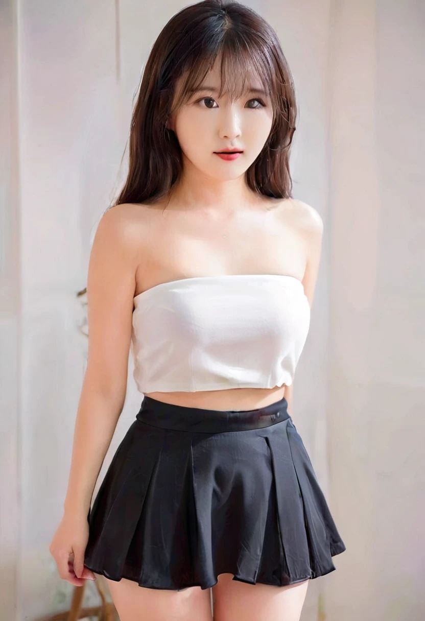 ((Best high quality:1.2)), Work of art, (8K), extremely detailed, ((High detail:1.2)), 独奏, 24 year old Korean Ulzzang female, (crop strapless, 
mini skirt),Super huge breasts