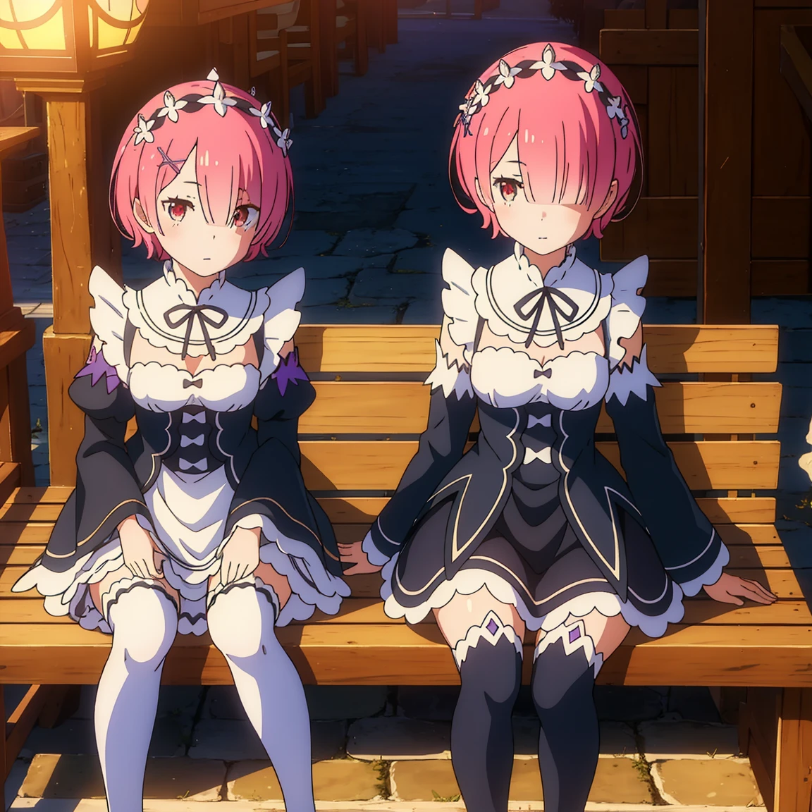 Tabletop, Highest quality, (colorful), (Delicate eyes and face), Volumetric Light, Ray Tracing, Highly detailed CG Unity 8k wallpaper, (Two Girls:1.3), (Remlin:0.7), (Ramchi:0.8), Hair on one eye, Maid, Purple ribbon, Maid headdress, roswaal mansion Maid uniform, Removable sleeves, White knee-highs, Sitting, bench, garden, blue sky、