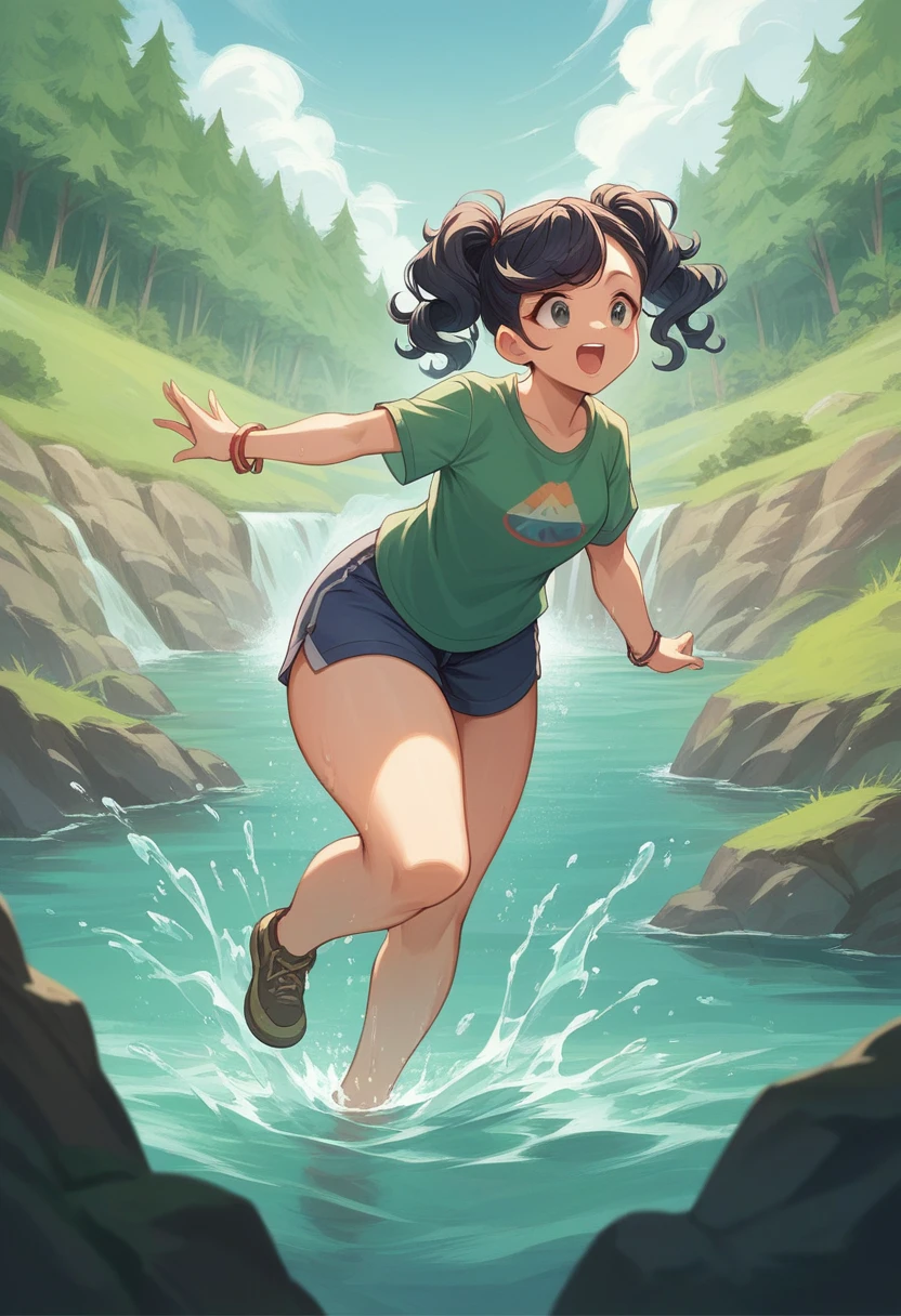 (ultra detailed perfect piece:1.2), illustration, masterpiece, (extremely detailed CG 8k), (very fine 8K CG),girl in the water rides the water slide at a summer camp, solo, water, open mouth, bracelet,water splash,medium hair,twintail,swept bangs, black curly hair, thick thighs
