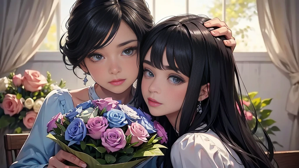 Woman and bouquet,She looked at me with such beautiful and kind eyes..Schneider Pastel Ink Details, Soft and wonderful, fluffy, (Very nice and beautiful), (Perfect detail)、(pastel colour),Soft texture:1.2.(Tabletop, Highest quality), (Beautiful, detailed eyes), (Detailed eyes and face),(Jet black silky hair), The colour is noticeably brighter.A faintly blurred silhouette