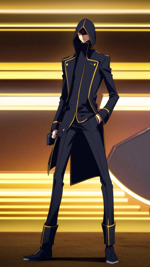 Male, ager, vigilante, wearing dark clothes, a military coat, and a mask, athletic build, hands in pockets, standing at attention, nighttime setting, lone figure, facing viewer, fully in frame, full body shot, Code Geass style, codeGeass, CODEGEASS