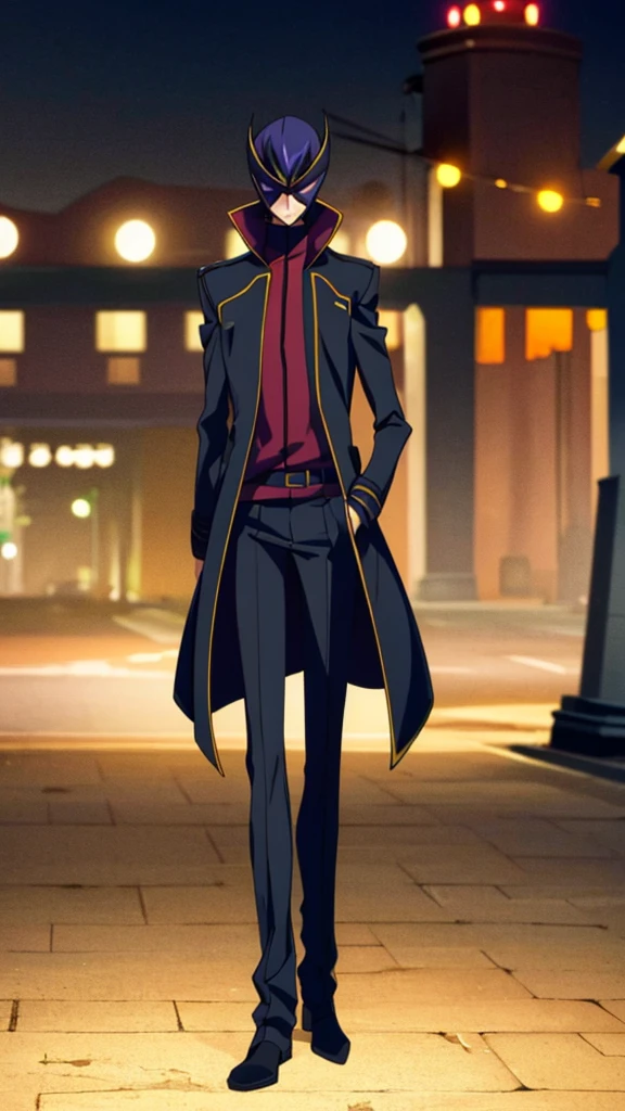 Male, teenager, vigilante, wearing dark clothes, a military coat, and a mask, athletic build, hands in pockets, standing at attention, nighttime setting, lone figure, facing viewer, fully in frame, full body shot, Code Geass style, codeGeass, CODEGEASS