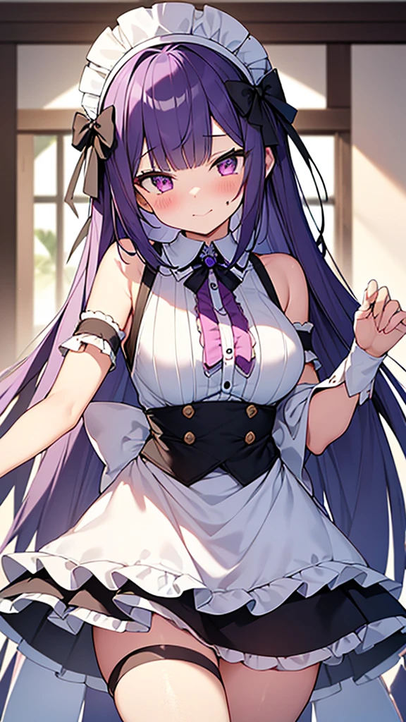 最high quality, high quality, Super detailed, 32k, Ultra-detailed details, 2 girls, With maid(only, The cute face of my  sister that I stole from her, beautiful purple hair, Beautiful purple eyes, Big Breasts, A light smile, Red eyes, Off-the-shoulder sleeveless Summer clothes, Summer casual maid clothes, Short skirt, Blue and white color striped underwear, Black knee socks, My crotch is wet with love juice, 18-year-old,cute),  Sister with her face peeled off(only, 13 yeaotesque face with the skin peeled off, Facial muscles are fully exposed, Chest is medium, , Lady), {{The maid had a terrible burn on her face and was lamenting it when her master&#39;s sister used her power to rip the face off and stick it onto the maid&#39;s face, taking on the sister&#39;s face.、The maid is happy and the sister is dead}}, The maid is a mature cute face and the sister has no face. The maid is standing., My sister sits in a chair, NSFW