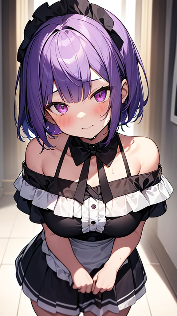 最high quality, high quality, Super detailed, 32k, Ultra-detailed details, 2 girls, With maid(only, The cute face of my little sister that I stole from her, beautiful purple hair, Beautiful purple eyes, Big Breasts, A light smile, Red eyes, Off-the-shoulder sleeveless Summer clothes, Summer casual maid clothes, Short skirt, Blue and white color striped underwear, Black knee socks, My crotch is wet with love juice, 18-year-old,cute), Sister with her face peeled off(only, , A grotesque face with the skin peeled off, Facial muscles are fully exposed, Chest is medium, , Lady), {{The maid had a terrible burn on her face and was lamenting it when her master's sister used her power to rip the face off and stick it onto the maid's face, taking on the sister's face.、The maid is happy and the sister is dead}}, The maid is a mature cute face and the sister has no face. The maid is standing., My sister sits in a chair, NSFW
