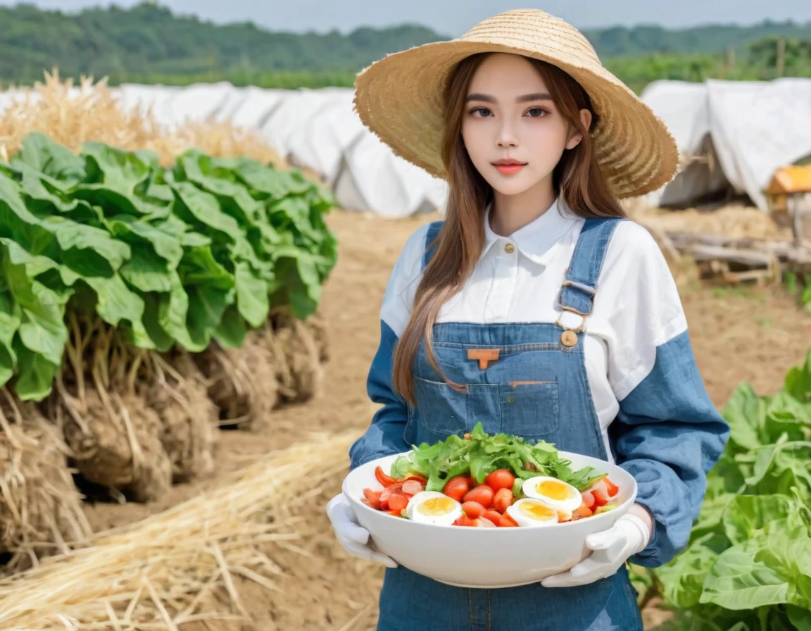 Fresh vegetable salad and boiled egg served in a bowl a girl,elf 1.7meters, 45kg,flat chest, (straw hat,towel around neck,denim overalls,,oversized long sleeve shirt,work gloves)