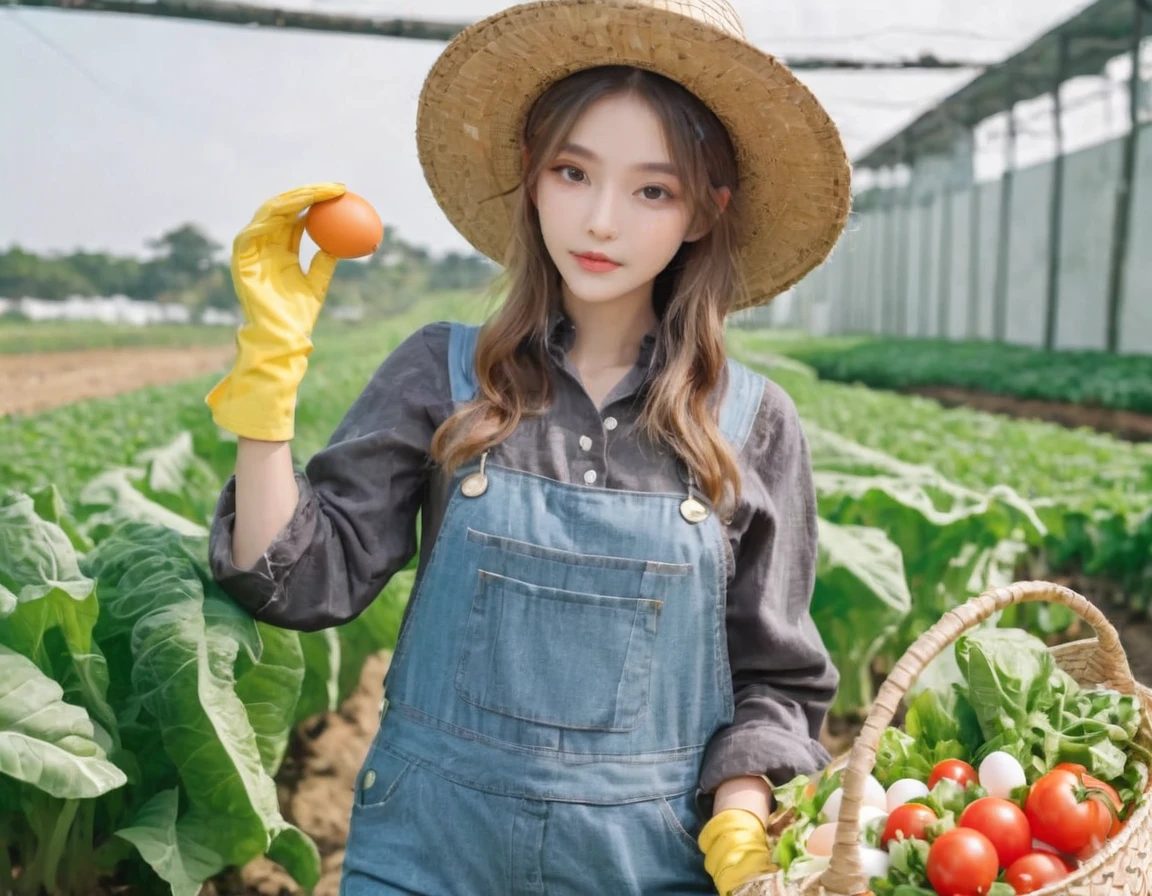 　Fresh vegetable salad and boiled egg served in a bowl　a girl,elf 1.7meters, 45kg,flat chest, (straw hat,towel around neck,denim overalls,,oversized long sleeve shirt,work gloves)