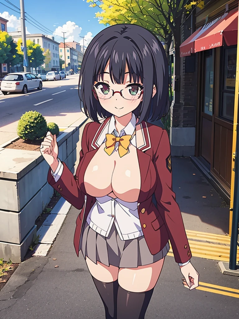 score_9, score_8_above, score_7_above, fountain_cheered up,
pinabove of 1girl solo, have a date, SMILE, blush, FOV, looking above, looking at the viewer,
outdoor, street, Lamppost, day, Sun ray,
mekwmk, short hair, Brown hair, hits, green eyes, big breasts, medium breasts,
red glasses, semi rimless glasses, , American jacket, bow tie, grey skirt, black thighs, The Great Passage,
detailed eyes,