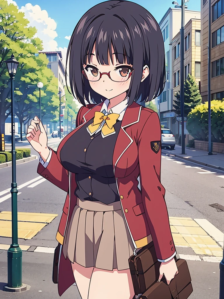 score_9, score_8_above, score_7_above, fountain_cheered up,
pinabove of 1girl solo, have a date, SMILE, blush, FOV, looking above, looking at the viewer,
outdoor, street, Lamppost, day, Sun ray,
mekwmk, short hair, Brown hair, hits, green eyes, big breasts, medium breasts,
red glasses, semi rimless glasses, , American jacket, bow tie, grey skirt, black thighs, The Great Passage,
detailed eyes,