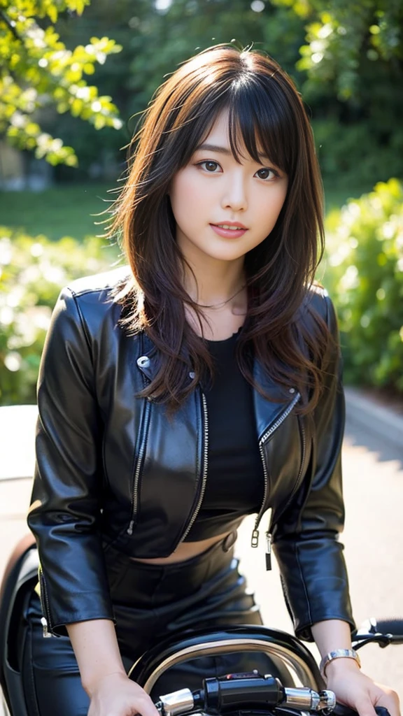 Close-up of a pretty Japanese girl riding a large motorcycle, wearing a pink leather tuna,