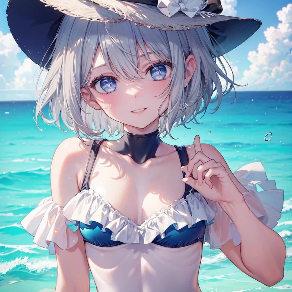 ((((Fluttering swimsuit　Ocean))))　(((Gray Hair　short hair　blue eyes　woman)))，((Splash　sun　cloud))，(Wearing a hat　black　smile)，　Showing teeth　Shining Background　Shining Edges