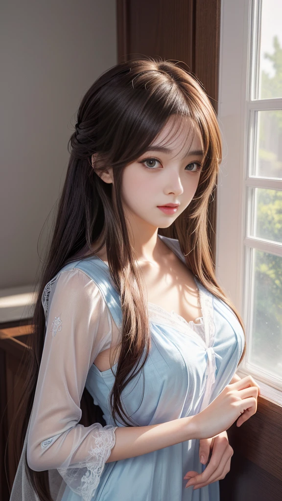 Anime girl with long hair standing in front of the window, Enchanting anime girl, Anime Girl Portrait, Smooth anime CG art, Beautiful Anime Girls, Detailed digital anime art, Attractive anime girl, (sheer garment), Painted in an anime artist&#39;s studio, Beautiful anime portraits, [ 4k digital art ]!!, Realistic anime art style, Anime Style 4k, Cute Anime Girl, Digital anime illustration, (Detailed eyes and face:1.3, Professional photography techniques), (Highest quality, 8K, masterpiece:1.2, RAW Photos), (Gaze at the viewer, A wistful look:1.3, blush), (Photorealism:1.4), (Detailed hands), ((A beautiful girl, , Idol Face)), (((Bra is visible through)))