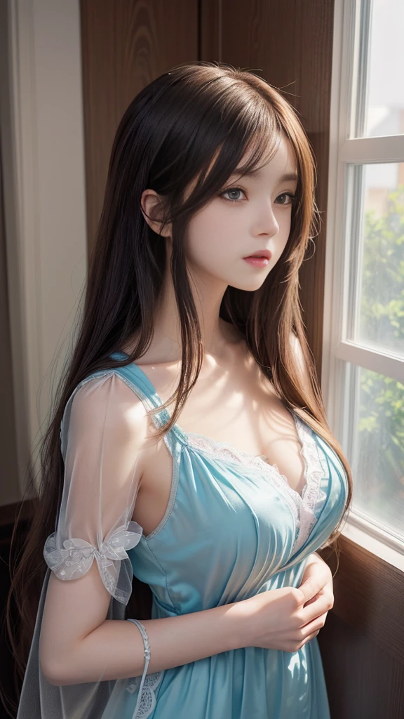 Anime girl with long hair standing in front of the window, Enchanting anime girl, Anime Girl Portrait, Smooth anime CG art, Beautiful Anime Girls, Detailed digital anime art, Attractive anime girl, (sheer garment), Painted in an anime artist&#39;s studio, Beautiful anime portraits, [ 4k digital art ]!!, Realistic anime art style, Anime Style 4k, Cute Anime Girl, Digital anime illustration, (Detailed eyes and face:1.3, Professional photography techniques), (Highest quality, 8K, masterpiece:1.2, RAW Photos), (Gaze at the viewer, A wistful look:1.3, blush), (Photorealism:1.4), (Detailed hands), ((A beautiful girl, , Idol Face)), (((Bra is visible through)))