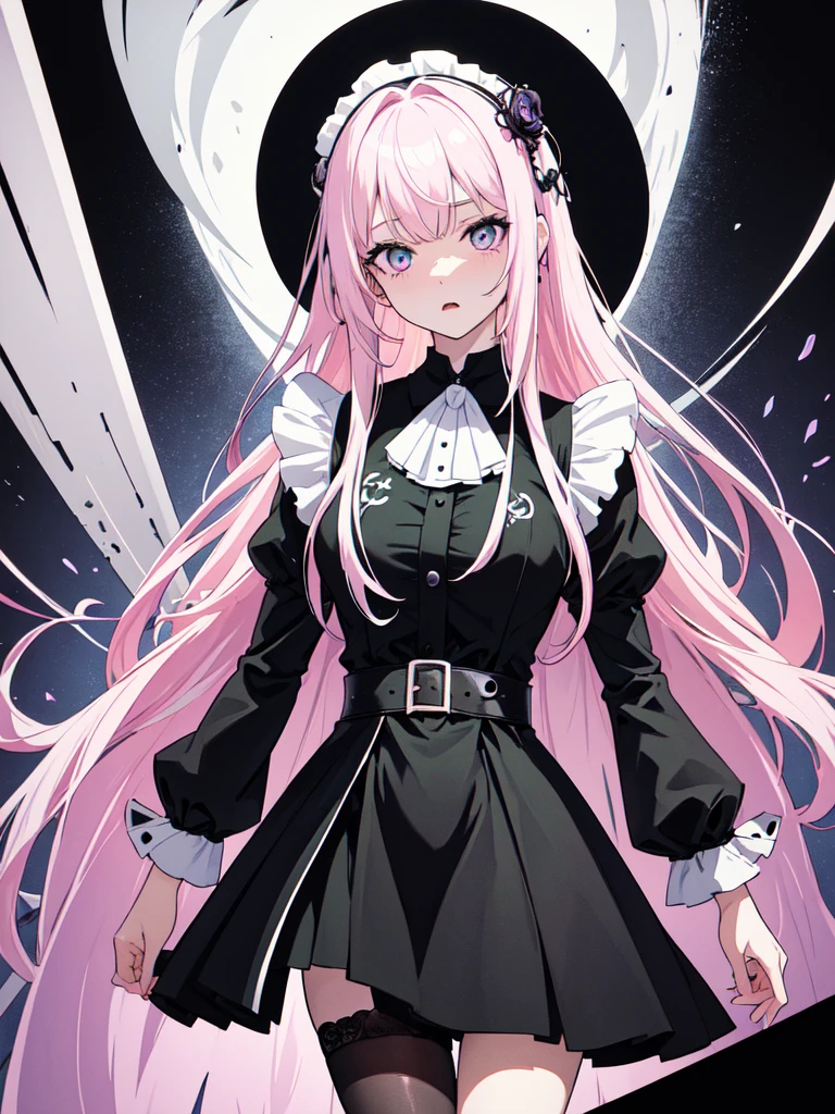 maid, Evil Eye, A bad looking person with white eyes, whole body絵, She is wearing a maid uniform and the background is a dark and desolate landscape., Horror movie atmosphere. Her figure is extremely beautiful, Emphasizing the dark and crazy elements. Skillfully expressing the effects of light and shadow, detailed, The face and expression of the black costume are also carefully drawn..., Artistic elements add depth to the work. The overall atmosphere is creepy and nightmarish..., With a unique artistic touch. This movie is、The dark and crazy world of horror movies depicted in HD., Evoke visual stimuli and aesthetic sense, It will terrify and excite the audience....,sketch (Character design sheet, same characters, whole body, Three-View, front, ~ ~ ~ side, return) and watercolor画, （Gradient braided hair, Light pink hair, (Ink blotches:1.1), (pale:1.2),(Light purple:1.2),(Light green:1.2)　and a mature face,tall, Wearing black tights,Green Eyes, The skin is hidden　and 1 female, Nervous,Cowboy Shot,,(Very bright:1.1), White Background, [1 Girl:7], (Tilt your head:1.2), ([sketch|watercolor \(Moderate\)]:1.15),Chaotic Abstract Background, Vector Trace, Gradient Blending, Bright colors, that&#39;wonderful, 非常にdetailed, Complex, (Very low contrast:1.4)