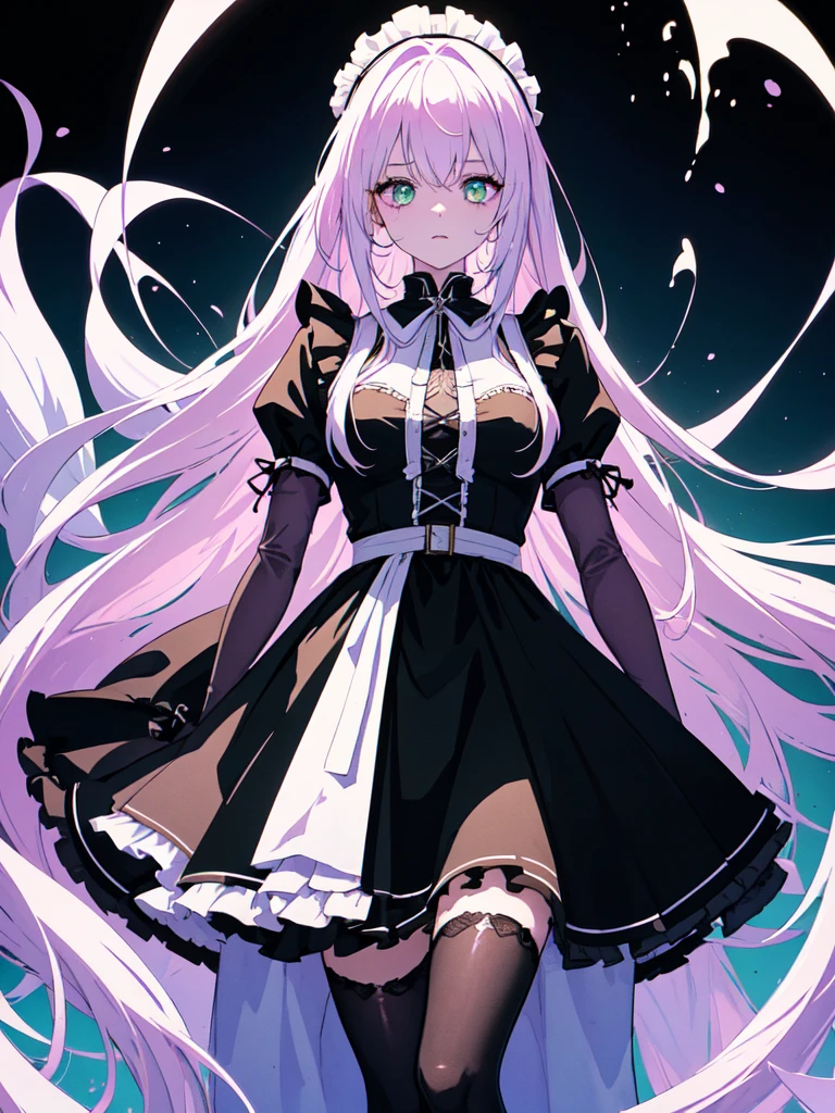 maid, Evil Eye, A bad looking person with white eyes, whole body絵, She is wearing a maid uniform and the background is a dark and desolate landscape., Horror movie atmosphere. Her figure is extremely beautiful, Emphasizing the dark and crazy elements. Skillfully expressing the effects of light and shadow, detailed, The face and expression of the black costume are also carefully drawn..., Artistic elements add depth to the work. The overall atmosphere is creepy and nightmarish..., With a unique artistic touch. This movie is、The dark and crazy world of horror movies depicted in HD., Evoke visual stimuli and aesthetic sense, It will terrify and excite the audience....,sketch (Character design sheet, same characters, whole body, Three-View, front, ~ ~ ~ side, return) and watercolor画, （Gradient braided hair, Light pink hair, (Ink blotches:1.1), (pale:1.2),(Light purple:1.2),(Light green:1.2)　and a mature face,tall, Wearing black tights,Green Eyes, The skin is hidden　and 1 female, Nervous,Cowboy Shot,,(Very bright:1.1), White Background, [1 Girl:7], (Tilt your head:1.2), ([sketch|watercolor \(Moderate\)]:1.15),Chaotic Abstract Background, Vector Trace, Gradient Blending, Bright colors, that&#39;wonderful, 非常にdetailed, Complex, (Very low contrast:1.4)