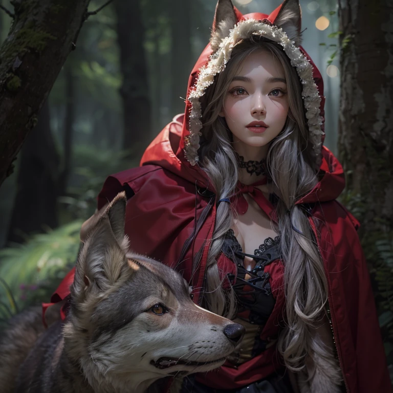 Standing in the forest、Hair flow、 ((Highest quality、masterpiece、8K、Best image quality、Ultra-high resolution、Award-winning works)、(Accurate anatomy:1.1)、(Look at me and smile:1.1)、Shining fair skin with Ultra-high resolution、The most detailed face、Ultra-high resolution detailed face、Ultra-high resolutionの髪の毛、(Ultra-high resolution eye:1.1)、Beautiful face drawn in every detail、little red riding hood Costume , Chest to chest, Strange atmosphere, The real Wolfman is staring at her........, Dark Light, in the forest , Heavy makeup