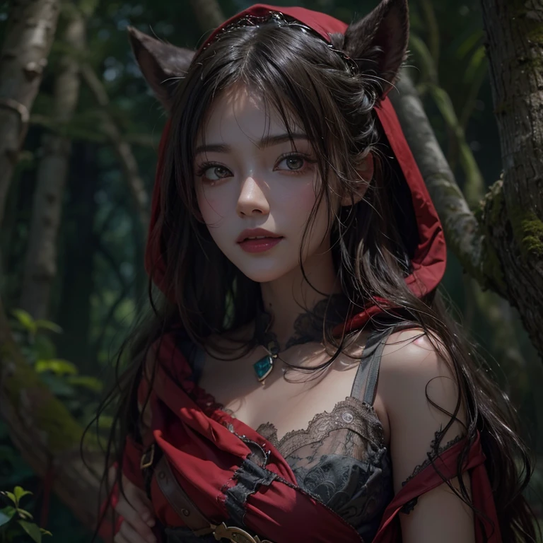 Standing in the forest、Hair flow、 ((Highest quality、masterpiece、8K、Best image quality、Ultra-high resolution、Award-winning works)、(Accurate anatomy:1.1)、(Look at me and smile:1.1)、Shining fair skin with Ultra-high resolution、The most detailed face、Ultra-high resolution detailed face、Ultra-high resolutionの髪の毛、(Ultra-high resolution eye:1.1)、Beautiful face drawn in every detail、little red riding hood　Costume , Chest to chest,  Strange atmosphere, The real Wolfman is staring at her........, Dark Light, in the forest , Heavy makeup 